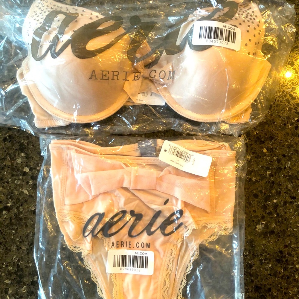 aerie Katie Shimmer Stone 34B Bra + Medium Panties